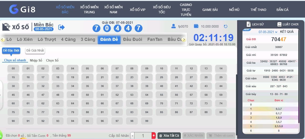 Giao diện chi tiết chơi số đề Gi88